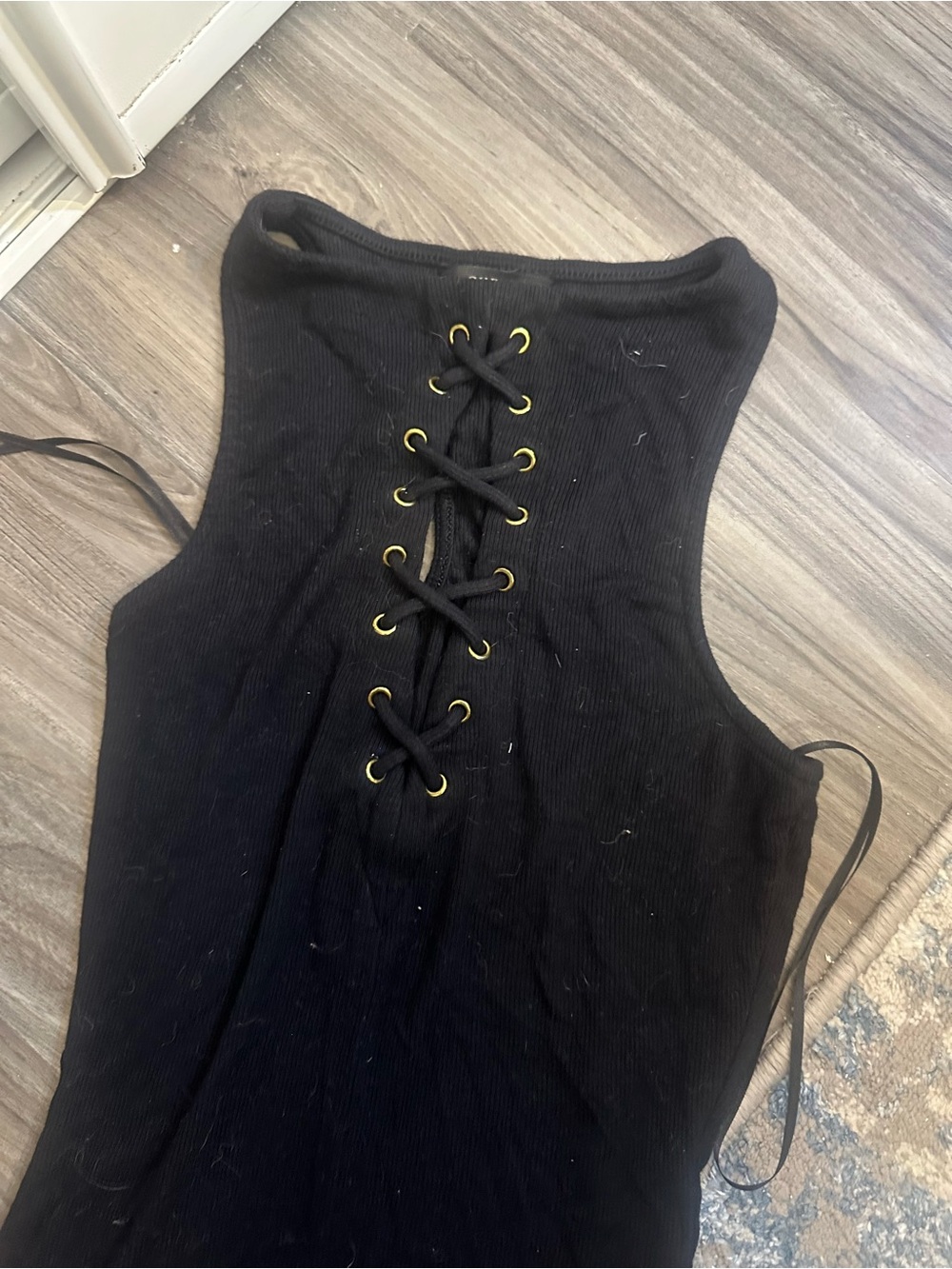 Guess Black Ribbed Lace-Up Tank Top with Gold Eyelets